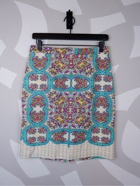 Lucy & Laurel Anthropologie Turquoise and Ivory Linen High-Waisted Skirt | 6